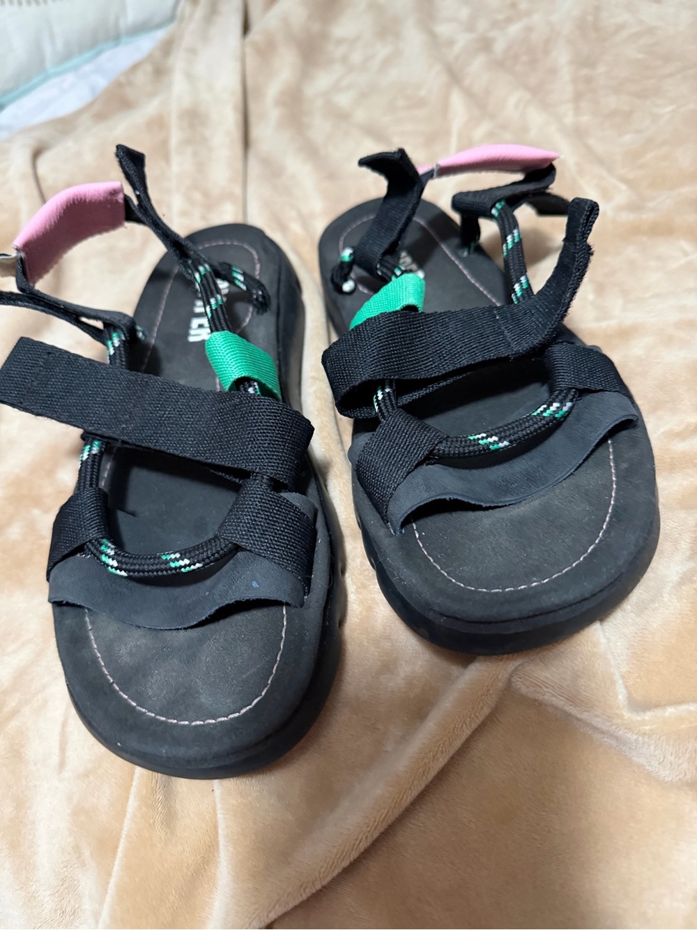Camper Black Sandals with Green and Pink Accents View 3